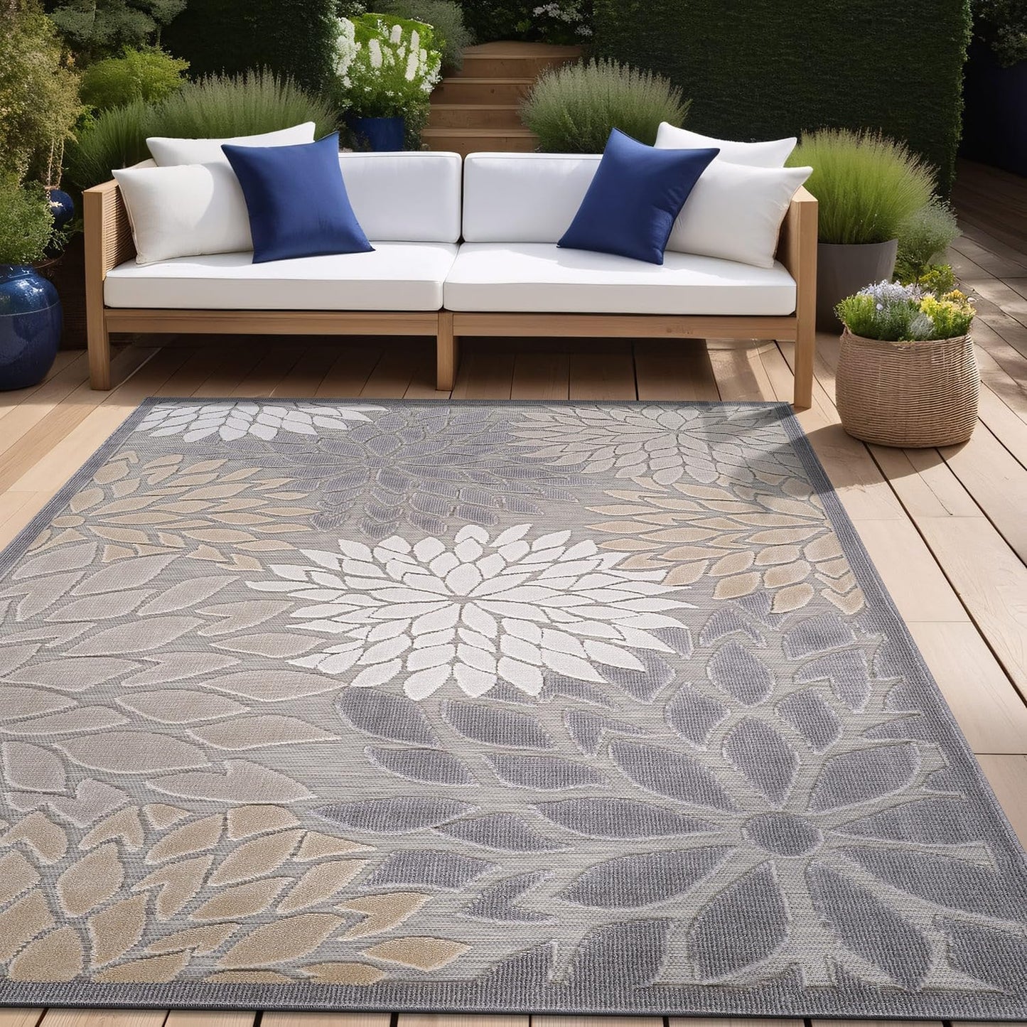Beverly Rug Outdoor Rug 6x9 Modern Floral Tropical Area Rugs for Indoor and Outdoor Patio Easy to Clean Non Shedding Living Room Porch Garden Washable Outside Carpet (6 x 9 Gray)
