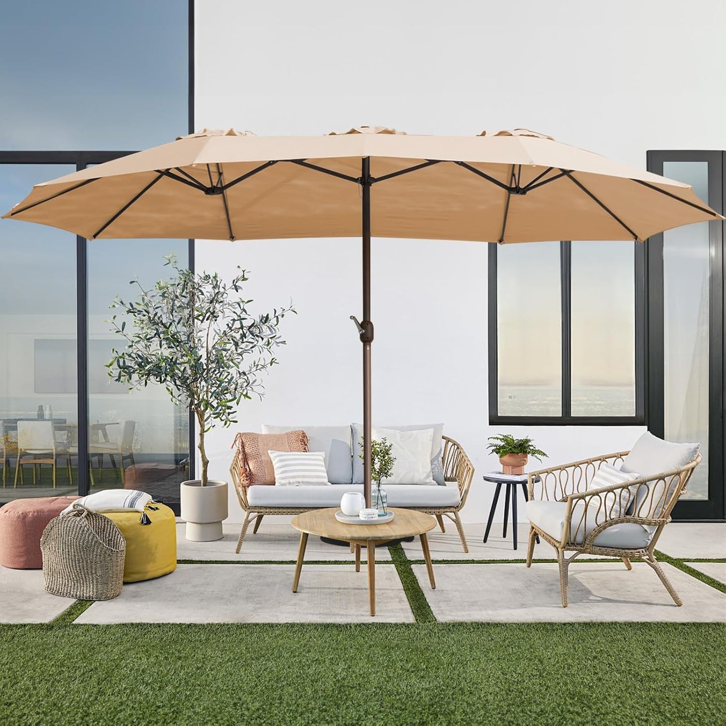 JEAREY 15FT Patio Umbrella Large Outdoor Umbrella Extra Double-Sided Market Umbrella with Crank Handle for Garden, Deck, Backyard and Pool, Beige