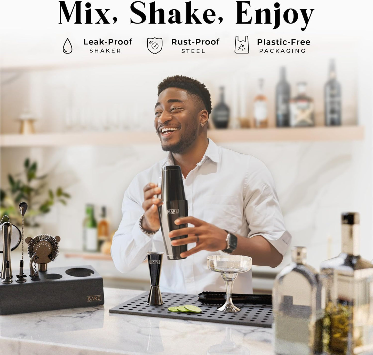 BARE BARREL® Mixology Bartender Kit Bar Set | 14-Piece Cocktail Shaker Set | Martini Barware Mixing Tools for Home Bartending | Incl. 35 Recipe Cards | Gift Set (28oz Boston Shaker, Jet Black/Black)