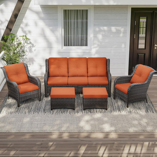 Patio Conversation Set 5-PCS Wicker Outdoor Furniture Conversation Set with 3-Seat Sofa, 2 Armchair, 2 Ottoman Patio Rattan Wicker Sectional Sofa Set with Olefin Cushion, Orange