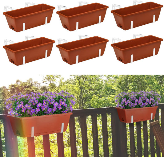 Deck Railing Planter Boxes, 6 Pack Deck Hanging Planters for Railing, 16.9 Inch Balcony Planters Railing Hanging, Railing Hanging Planter, Red and White