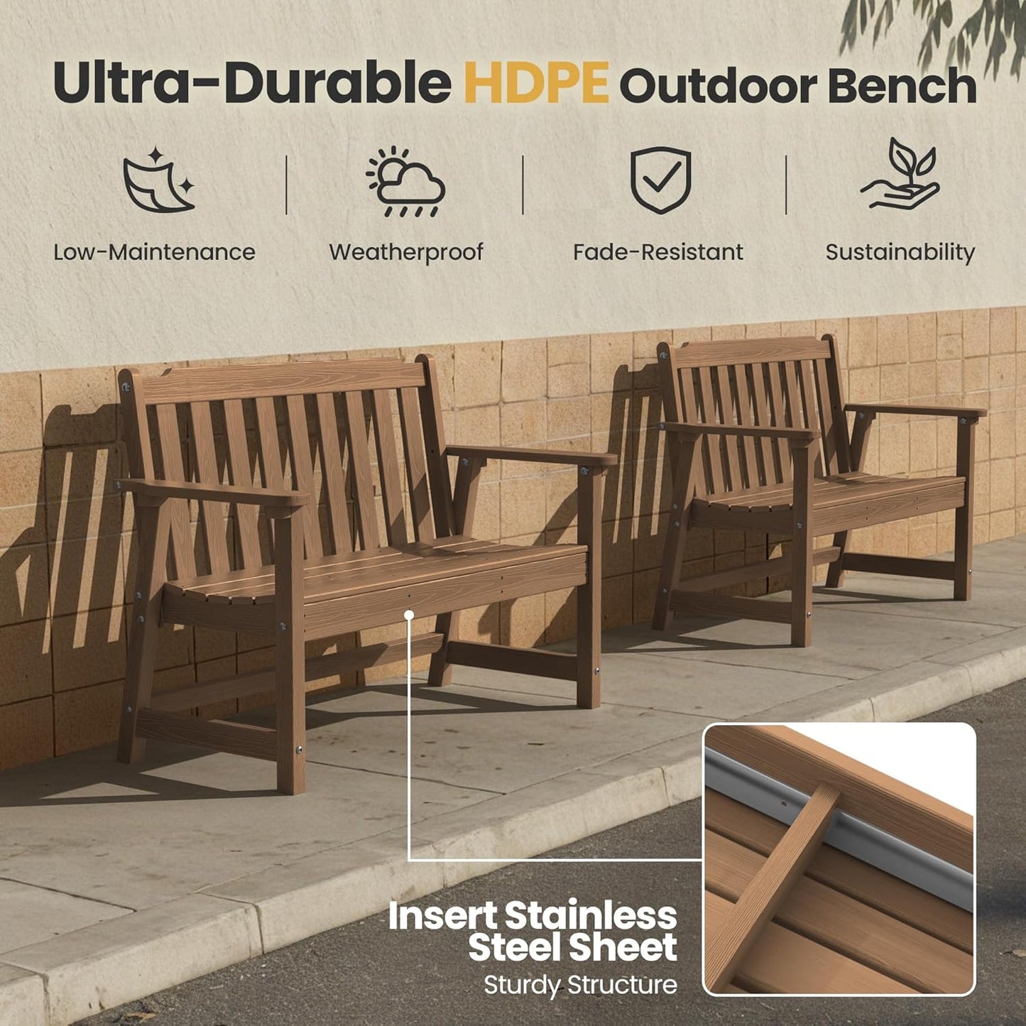 Ciokea 46" Heavy Duty Outdoor Bench, HDPE Weatherproof Garden Benches, Durable 2-Person Benches with 660 Lbs, Waterproof Patio Porch Bench for Outside Balcony Deck Backyard, Teak