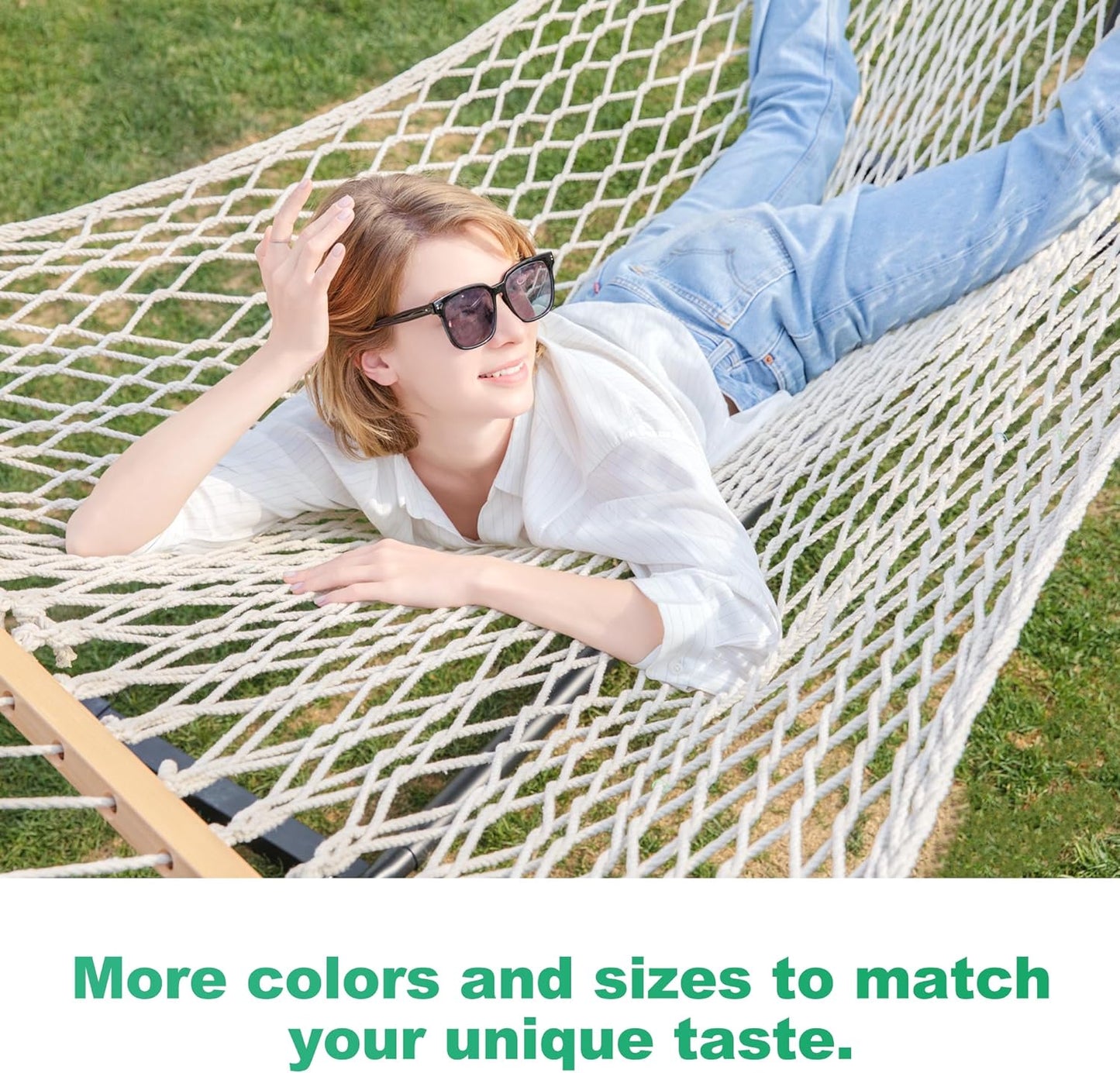 12ft Double Hammocks, Handwoven Traditional Cotton Rope Hammock with Hardwood Spreader Bar, Chains and Hooks for Indoor Outdoor, Max 450 lbs Capacity (Beige, Full)