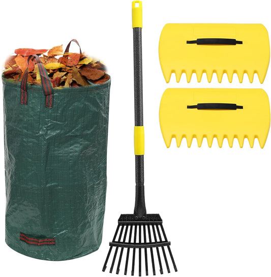 Rake, Metal Garden Leaf Rake for Leaves with 32 Gallon Lawn and Leaf Bags & Leaf Scoops, Adjustable 11 Tines 9" Wide Small Adult Kids Lawn Shrub Yard Landscape Rake Heavy Duty Long Handle 30-60