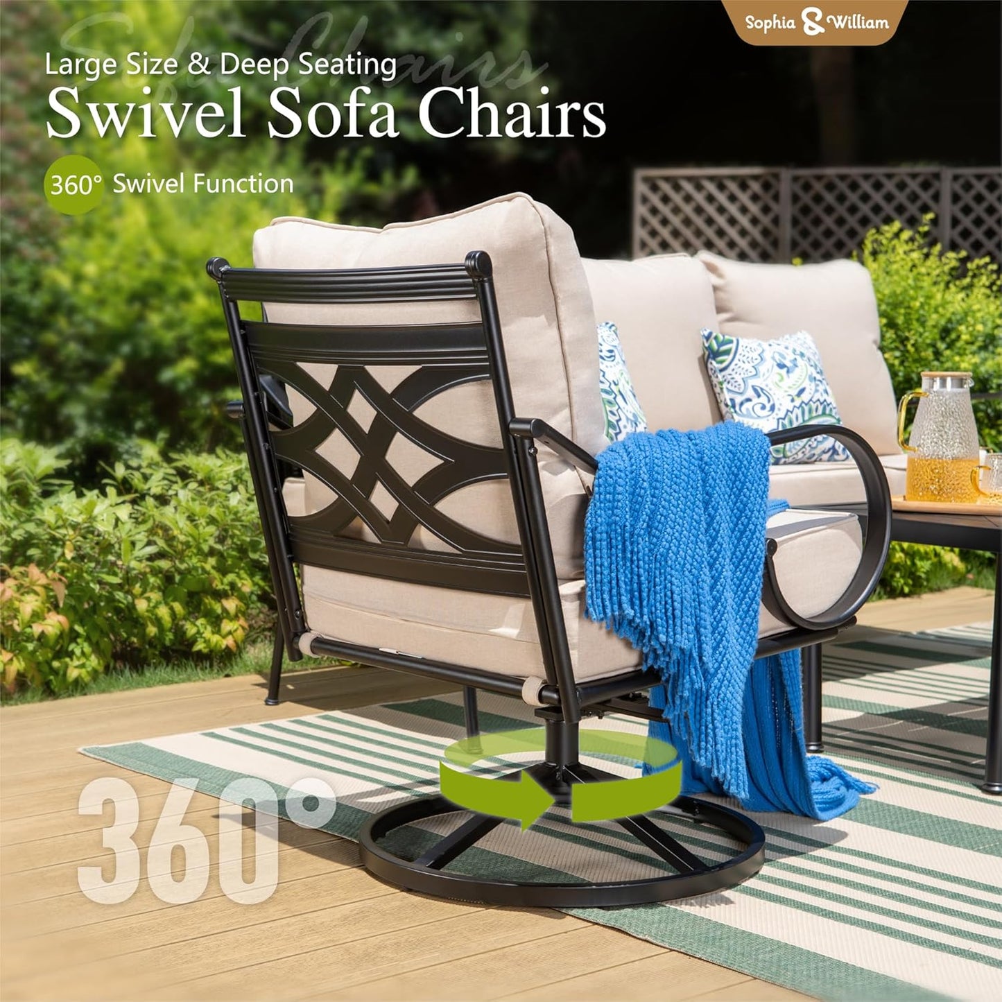 Sophia & William Patio Furniture Set with Fire Pit Table, Outdoor Conversation Sets 5 Seats Clearance with 45" Gas Fire Pit Table x 1, 3-seat Sofa x 1, Swivel Chair x 2 for Porch Lawn, Beige