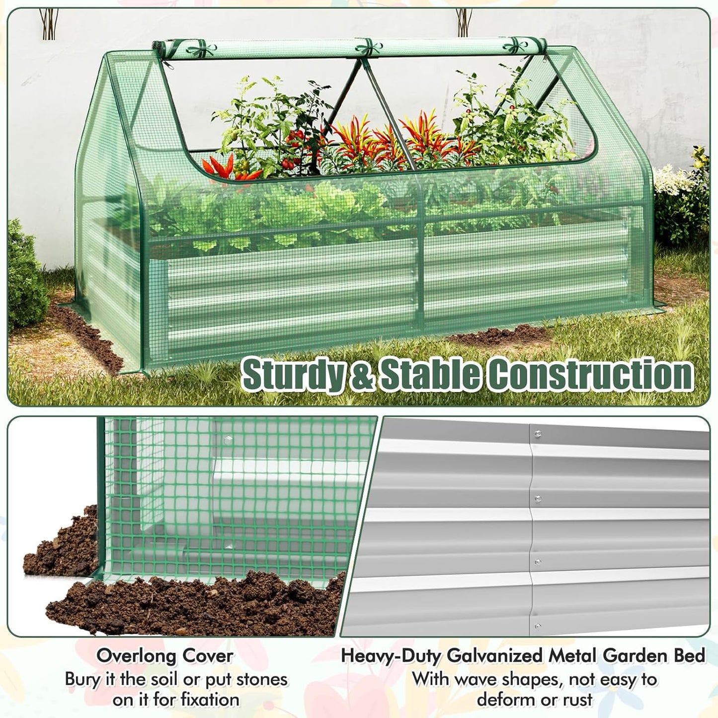 SAFSTAR Raised Garden Bed with Cover, 6FT x 3FT x 3FT Galvanized Bottomless Garden Bed with Greenhouse, Dual 2-Tier Roll-Up Windows, Outdoor Metal Planter Box Kit with Cover (Green)