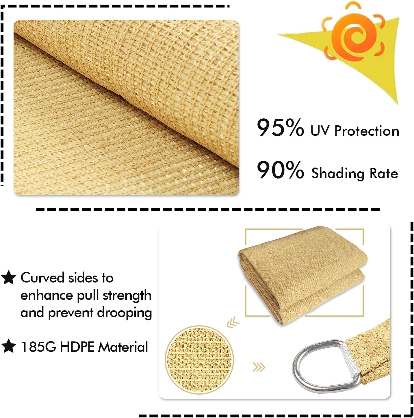 KANAGAWA Sun Shade Sail 16'x16' Sand Rectangle UV Block Canopy Awning Shelter Fabric Cloth Screen for Outdoor Patio Garden Backyard Activities