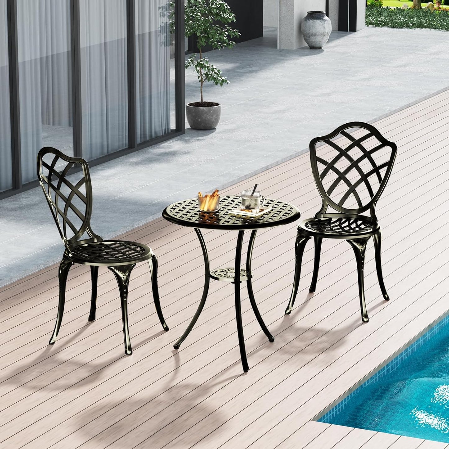 3 Piece Patio Bistro Set, Outdoor Bistro Table and Chairs Set of 2 w/Umbrella Hole, Rust-Resistant Cast Aluminum Bistro Set for Garden/Balcony/Backyard, Golden Bronze