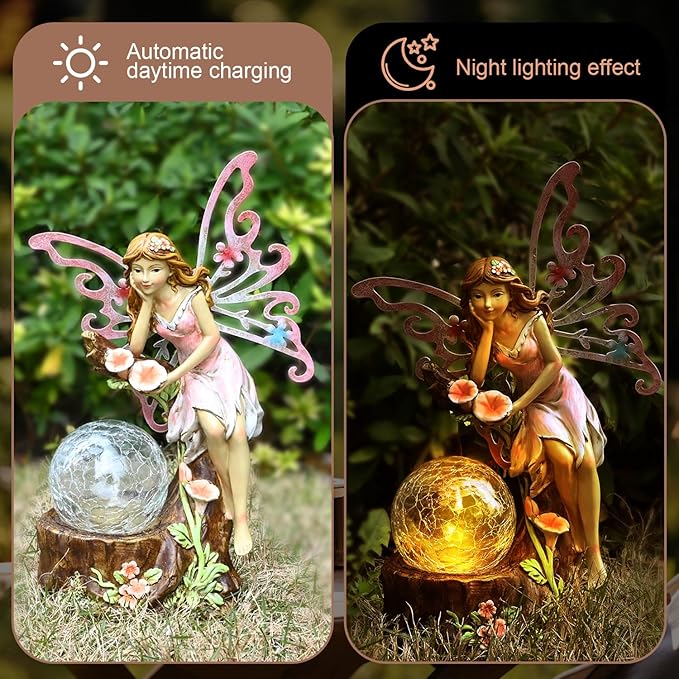 Garden Fairy Statue Outdoor Decor-Solar Flower Fairy Figurines-Garden Fairies Statues Decoration for Outside Lawn Yard Patio,Garden Ornament Gift,Tall 11.8 Inches