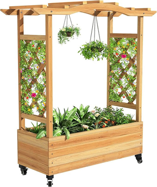 YITAHOME Raised Garden Bed with Trellis and Lockable Wheels, Wood Free-Standing Trellis Planter Box with Hanging Roof for Climbing Plants Flowers in Garden, Patio, Backyard, Balcony, Natural