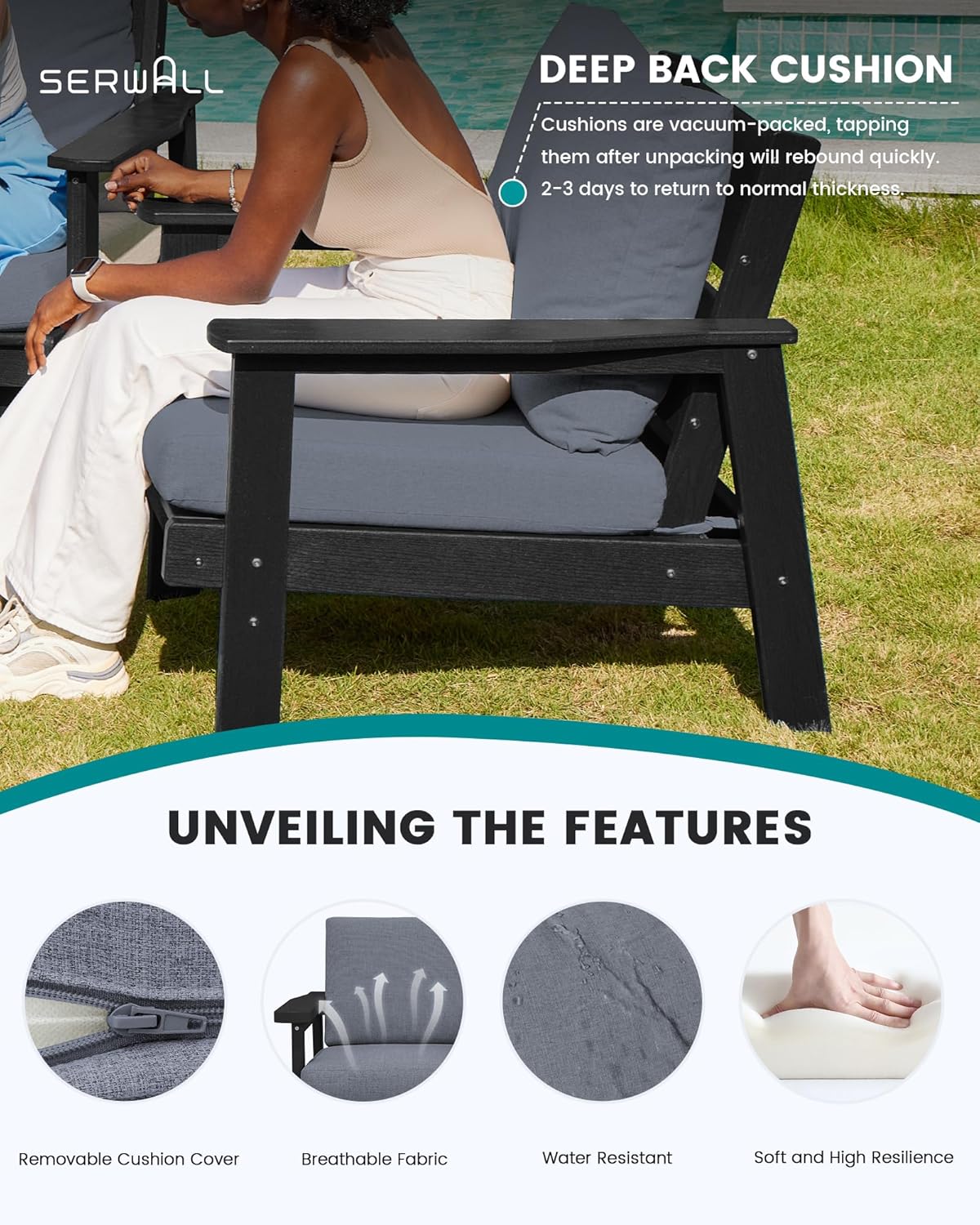 SERWALL HDPE Outdoor Patio Loveseat, Black Frame and Grey Cushion