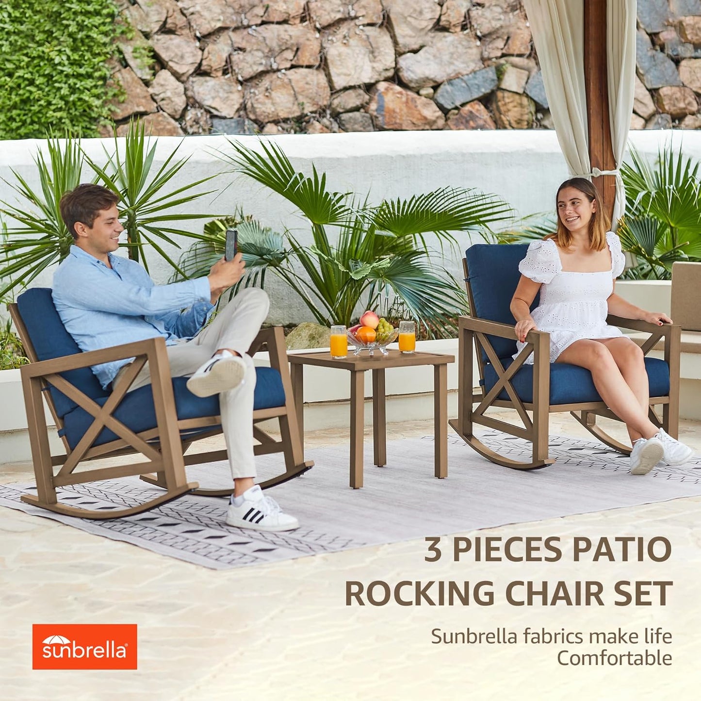 NATURAL EXPRESSIONS Sunbrella Rocking Bistro Set, 3 Piece Outdoor Patio Conversation Furniture Set with 6.5'' Thick Cushions Wood Grain Finish Frame for Backyard,Porch,Poolside