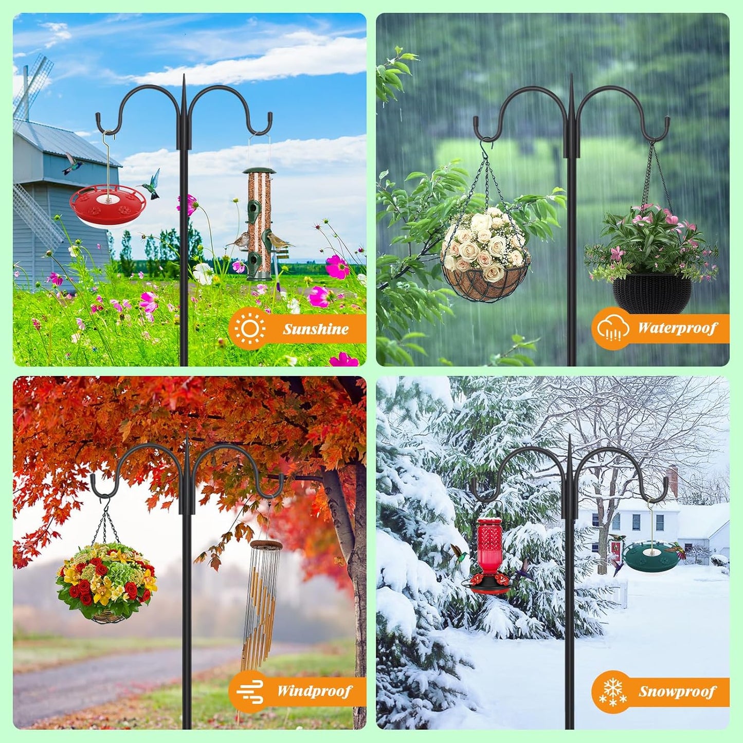 FEED GARDEN Adjustable Double Shepherds Hook for Outdoor with 5 Prong Base 76 Inch Heavy Duty Two Sided Bird Feeder Pole for Hanging Plant Baskets, Solar Light Lanterns, Wind Chimes