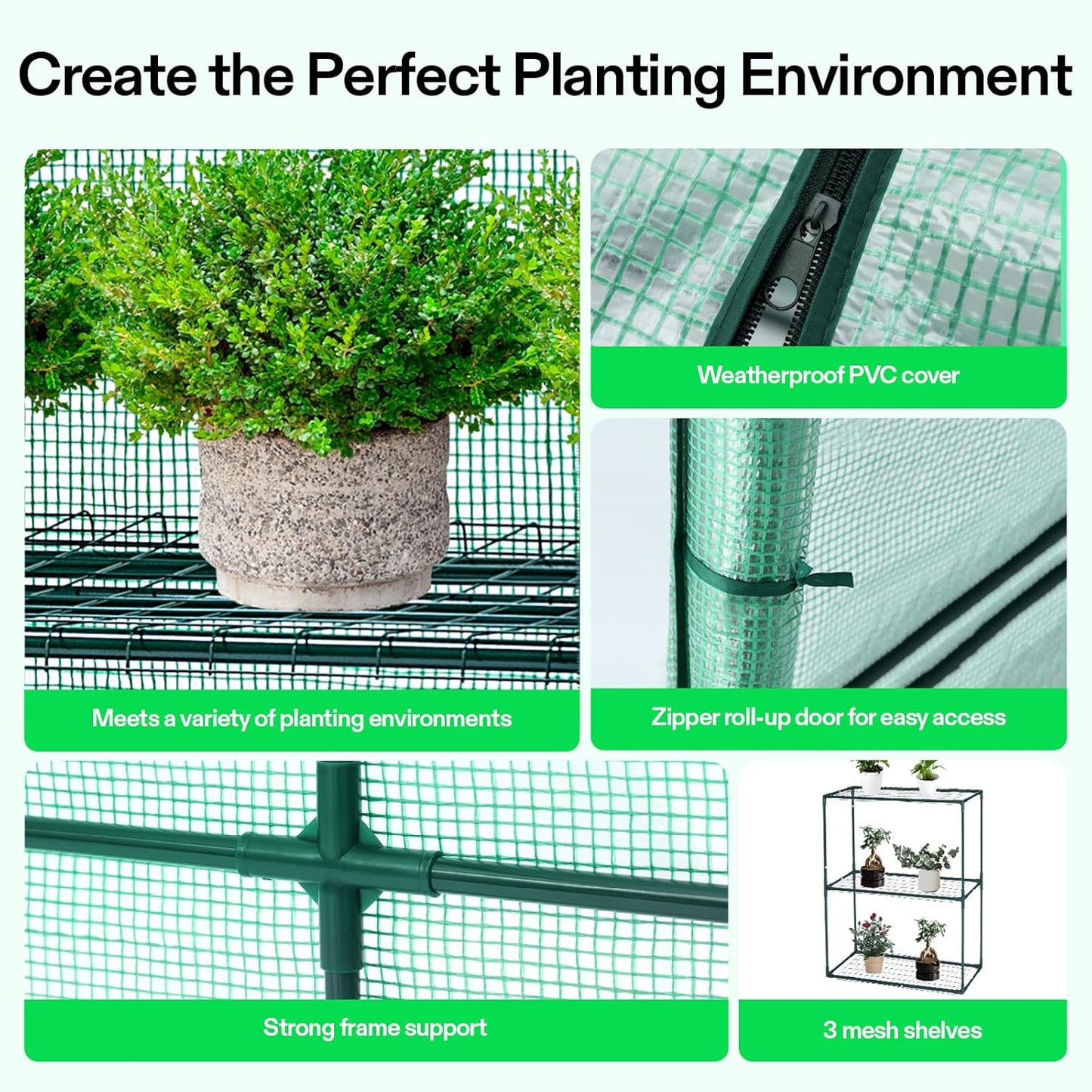 VIVOSUN Lean-to Greenhouse, 6.6’ x 3.3’ x 6.9’ Portable Wall House with Green PE Cover and Shelf for Compact Garden 79x39x83-Inch