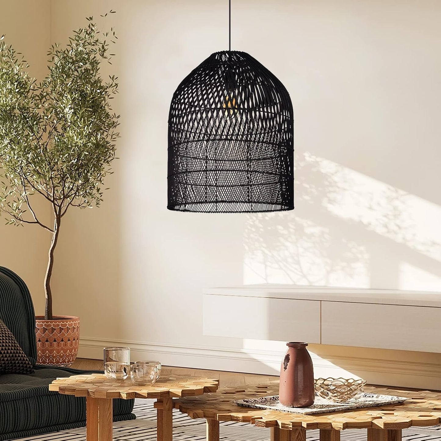 Arturesthome 1 Light Wicker Bell Pendant Lamp, Design Basket Rattan Woven Pendant Light Shades, Handmade Hanging Ceiling Lights Crafts Lampshade Black