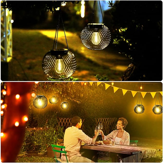 Solar Lantern Outdoor, Upgraded Hanging Lights Outdoor Garden Metal Lanterns Decorative Lighting Powered Waterproof Tree for Yard Patio Pathway, 2 Pack, Black