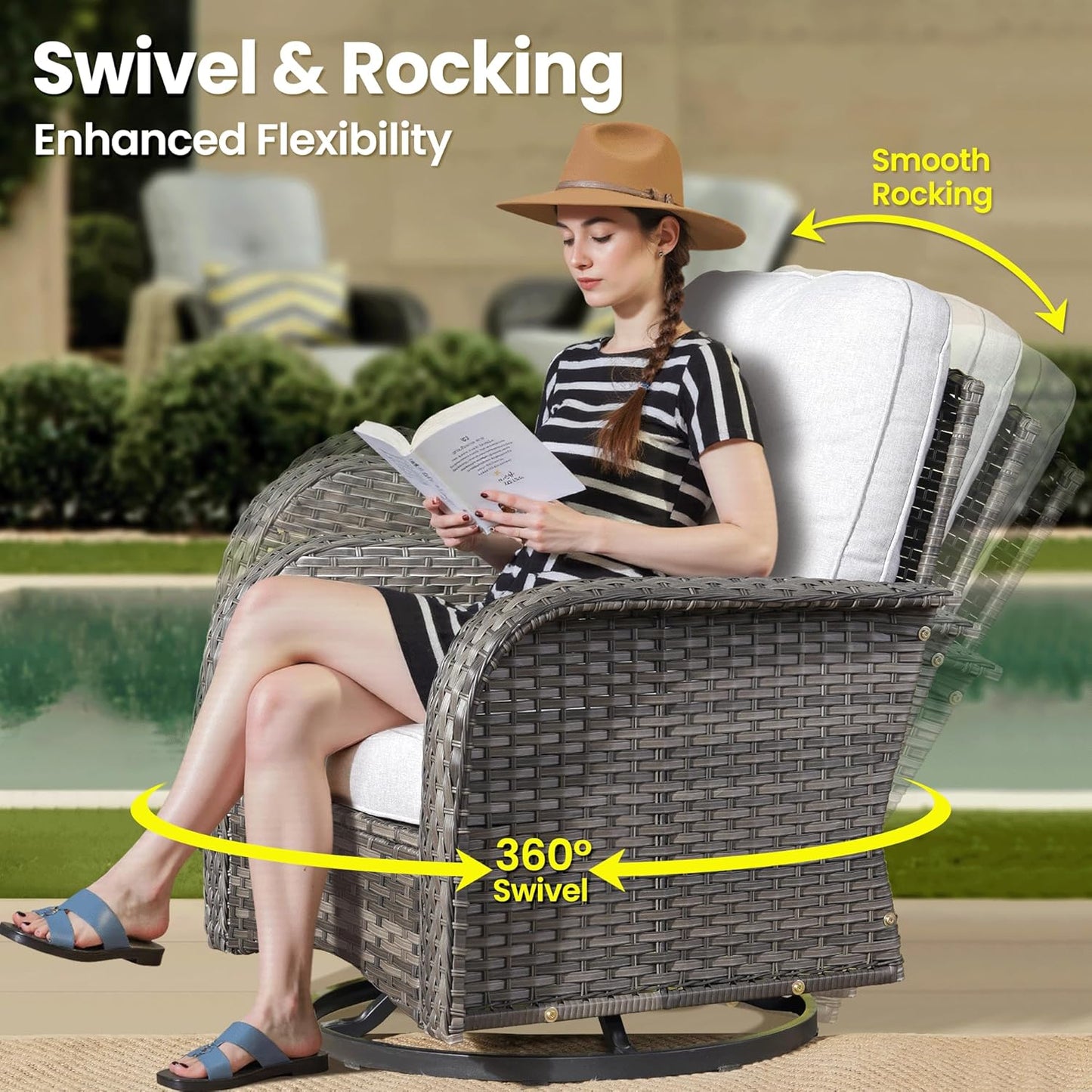 ovios 5 Pieces Patio Furniture Set, Outdoor Wicker Sofa with Swivel Chairs, Coffee Table, All Weather High Back Rattan Loveseat Couch with Comfy Cushions, Grey