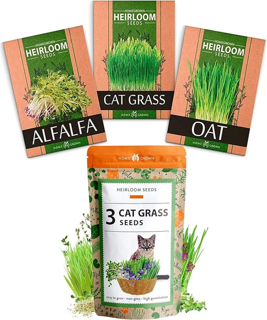 HOME GROWN 3 Cat Grass Seed Mix – Non-GMO Heirloom Oat, Alfalfa & Cat Grass Seeds | Indoor Pet Grass for Cats | High-Germination Greens for Hairball Control, Digestion, and Chewing Enrichment