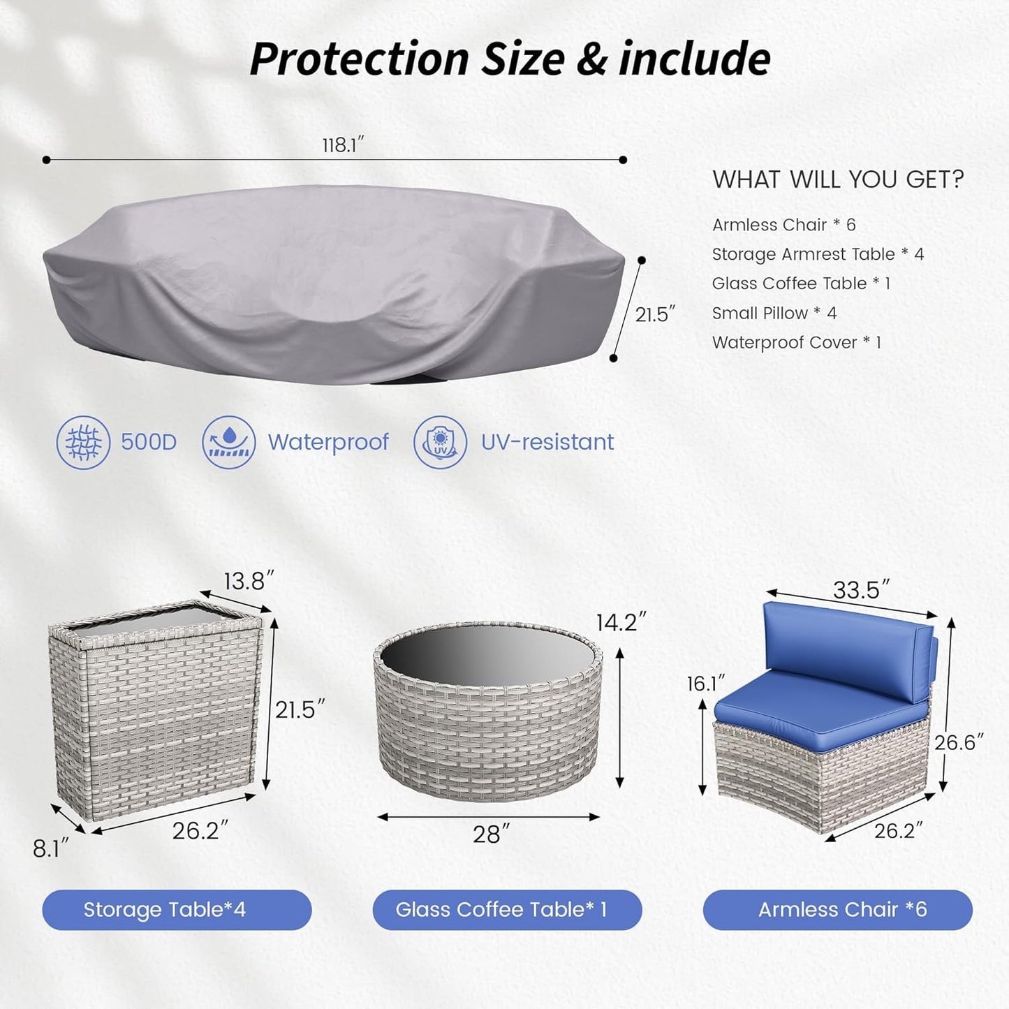 Patio Sectional Furniture Outdoor 11-Piece Grey Rattan Curved Sofa Set with Storage Table, Pillows, Fit for Pool Backyard Balcony Porch Lawn (Navy)