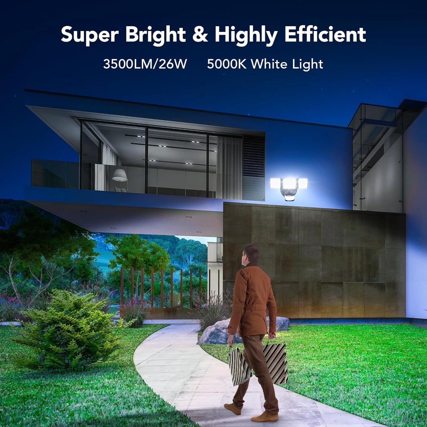 OREiN 3500LM/26W Flood Lights Outdoor, 240°/40FT Big Motion Sensor Outdoor Lights Dusk to Dawn Security Lights IP65 Waterproof 3 Modes for Outside 3500SQ.FT Front Door, Garage, Black (Hardwired)