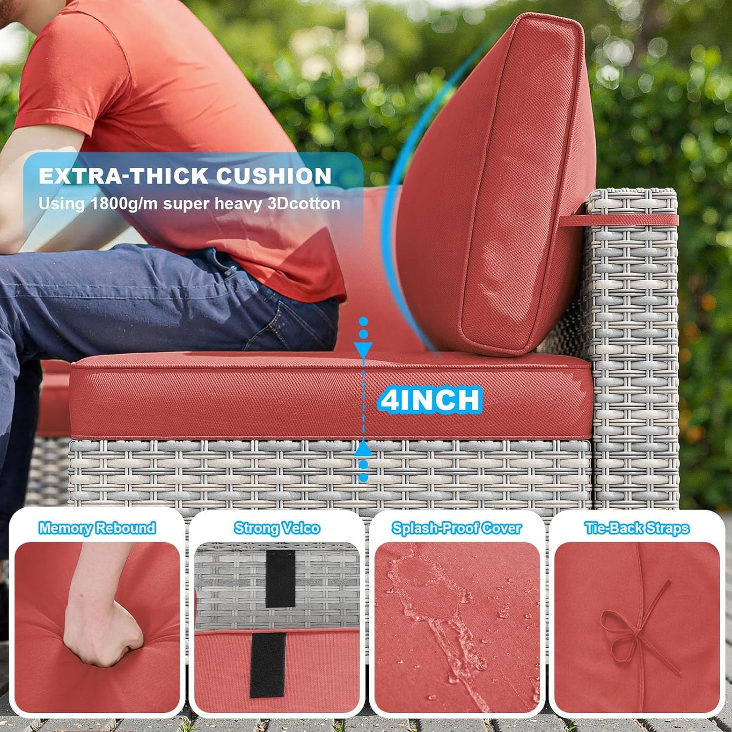 15-Piece Patio Furniture Set, Outdoor Patio Furniture with 55,000 BTU Fire Pit Table, Thick Cushions, Modular Patio Sofa, Dual-Strand Wicker Rattan, Rust-Resistant Frame, Red