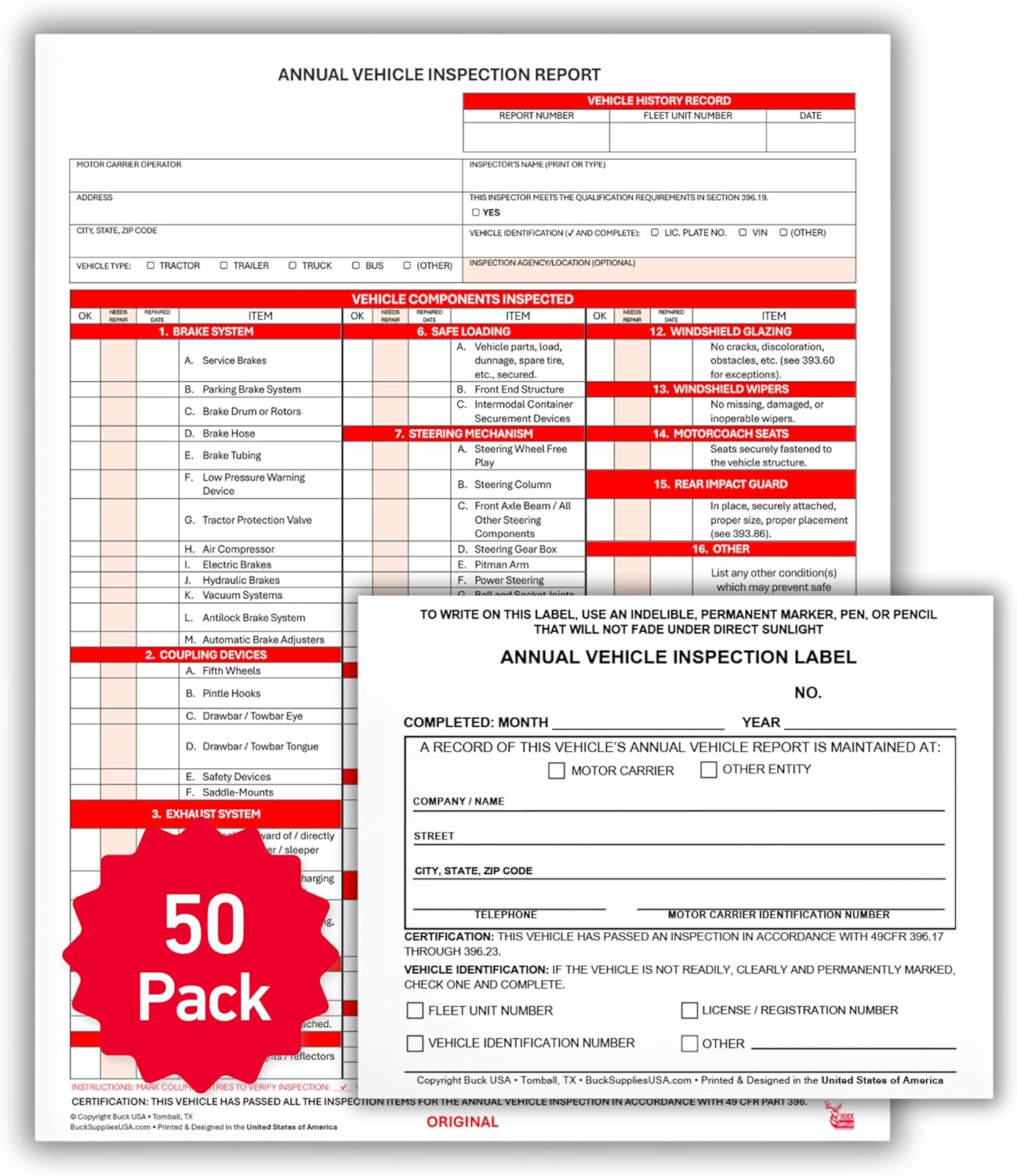 50 Pack 3-Ply Carbonless Annual Vehicle Inspection Report Forms with FMCSA 2-Ply Mylar Laminate Adhesive Vinyl Labels, DOT Inspection Forms and Stickers, Shrink-Wrapped, 8.5" x 11.75" - Made in USA