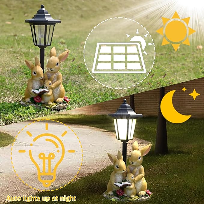 Solar Garden Outdoor Decor Statues Rabbit Family with Light,Outside-Outdoor Decorations Sculptures for Patio Yard Lawn Walkway Ornaments Clearance Gifts for Mom Grandma Birthday