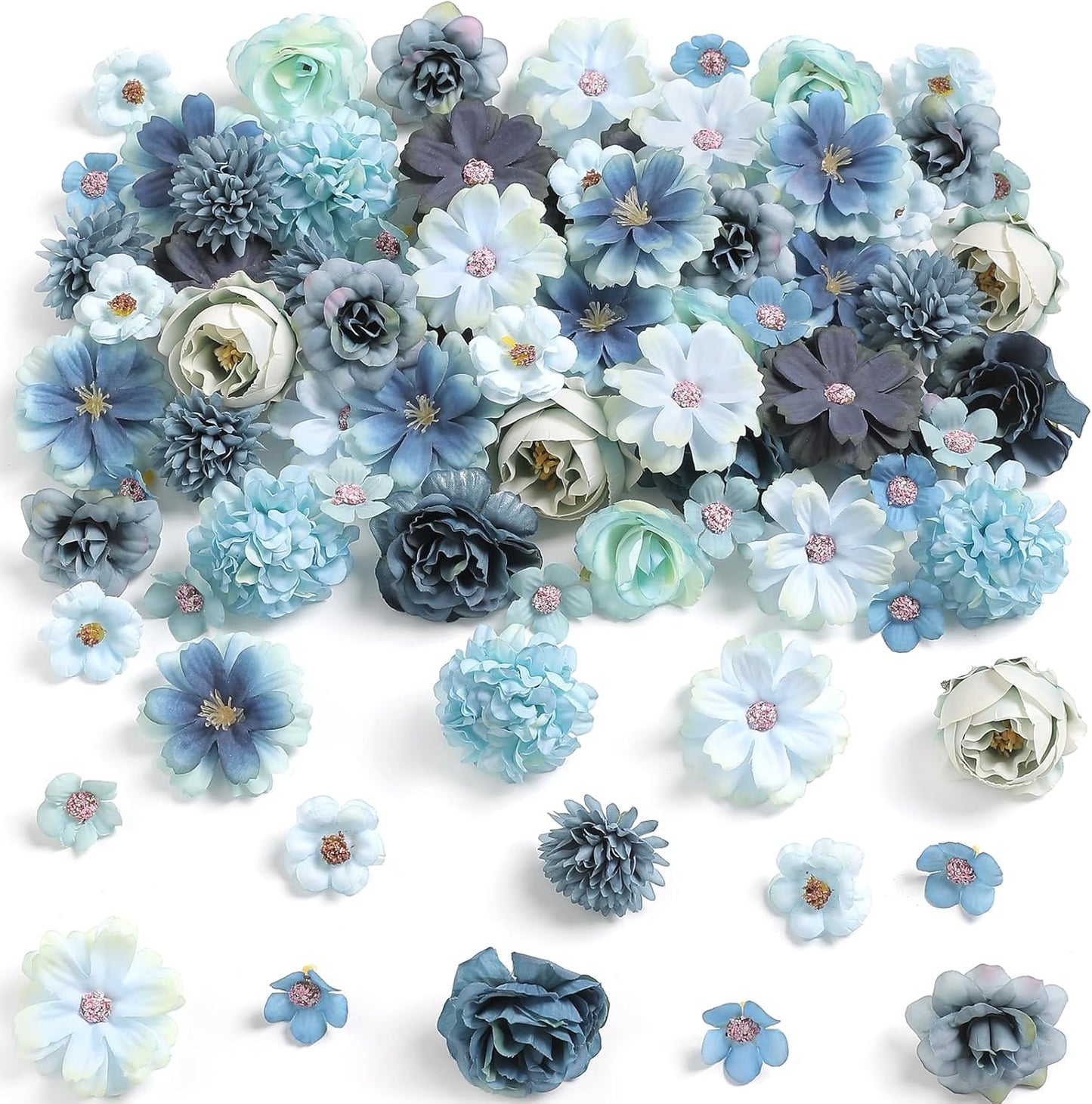 Faux Flower Heads Mini Blue Artificial Flower Heads Fake Peony Daisy Rose Flowers Multicolor Small Silk Daisy Flower Heads for Craft Garland Wedding Party DIY Home Decoration,2-4 cm