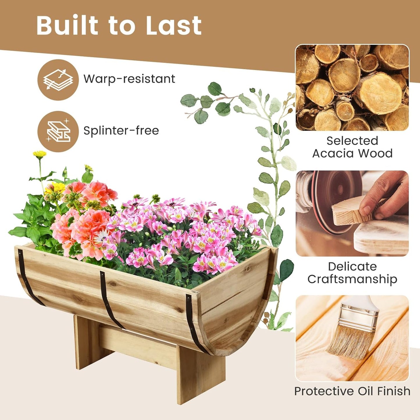 HAPPYGRILL Wooden Plant Pots, Solid Acacia Wood Half-Barrel Planting Flower Pot w/Legs, Drainage for Flower Vegetable Fruit, Outdoor Elevated Garden Bed, Decorative Planters for Indoor Plants (1)