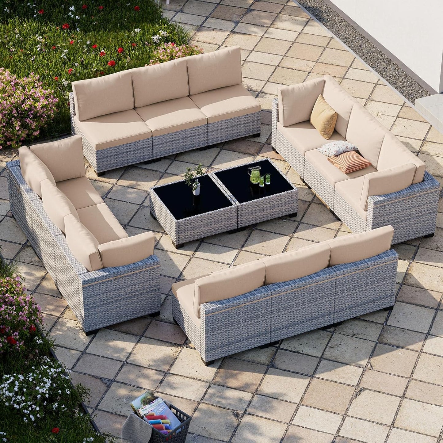 14-Piece Patio Furniture Set, Outdoor Sectional with Thick Cushions, Modular Patio Sofa, Dual-Strand Wicker Rattan, Rust-Resistant Frame, Backyard Furniture for Garden, Deck, Khaki