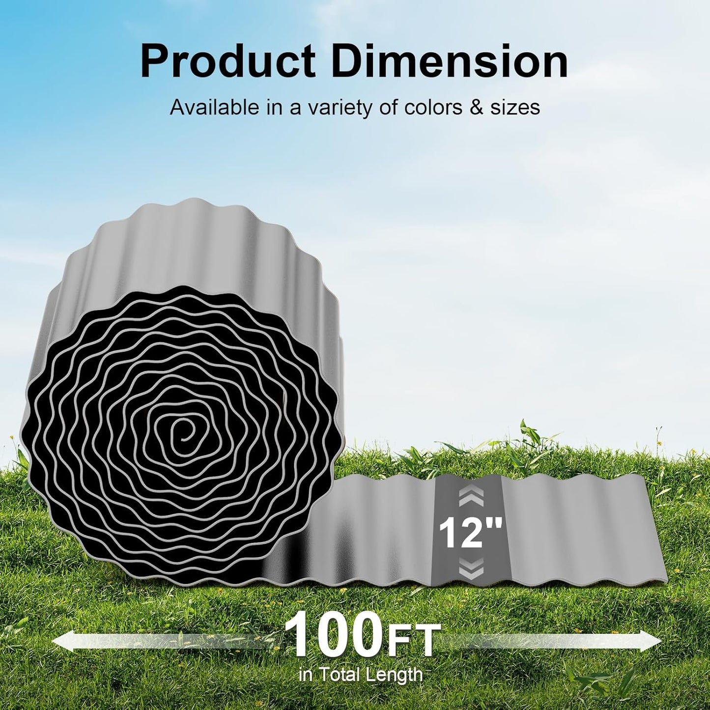 Land Guard Corrugated Garden Edging Border, 12" x 100' Landscape Paver Edging, Tall Landscape Edging, Fence for Garden, Flower Bed, Lawn and Landscape Edging (Grey)