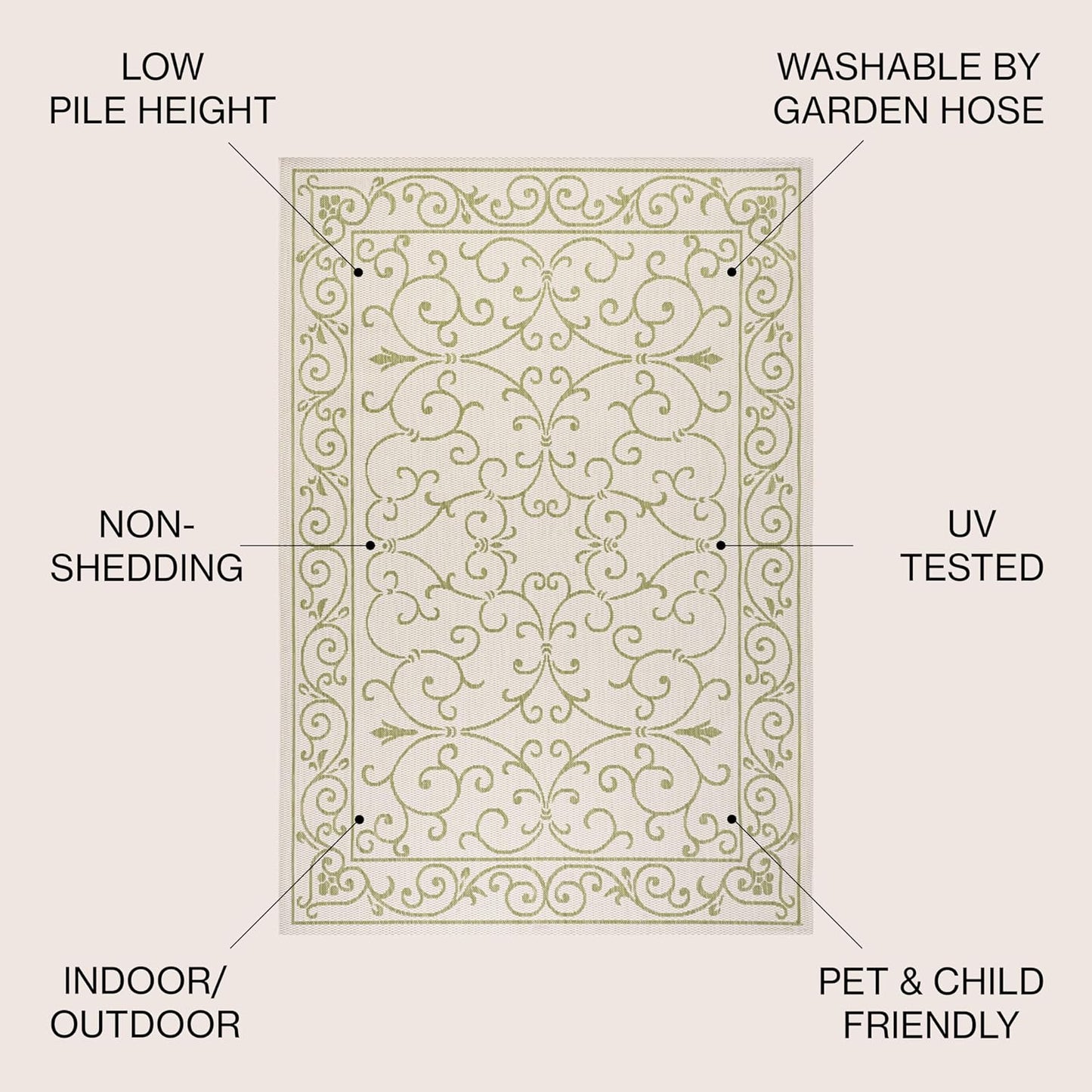 JONATHAN Y SMB106I-5SQ Charleston Vintage Filigree Textured Weave Indoor Outdoor Area Rug, Bohemian Coastal Traditional Easy Cleaning,Bedroom,Kitchen,Backyard,Patio, 5' Square, Cream/Green