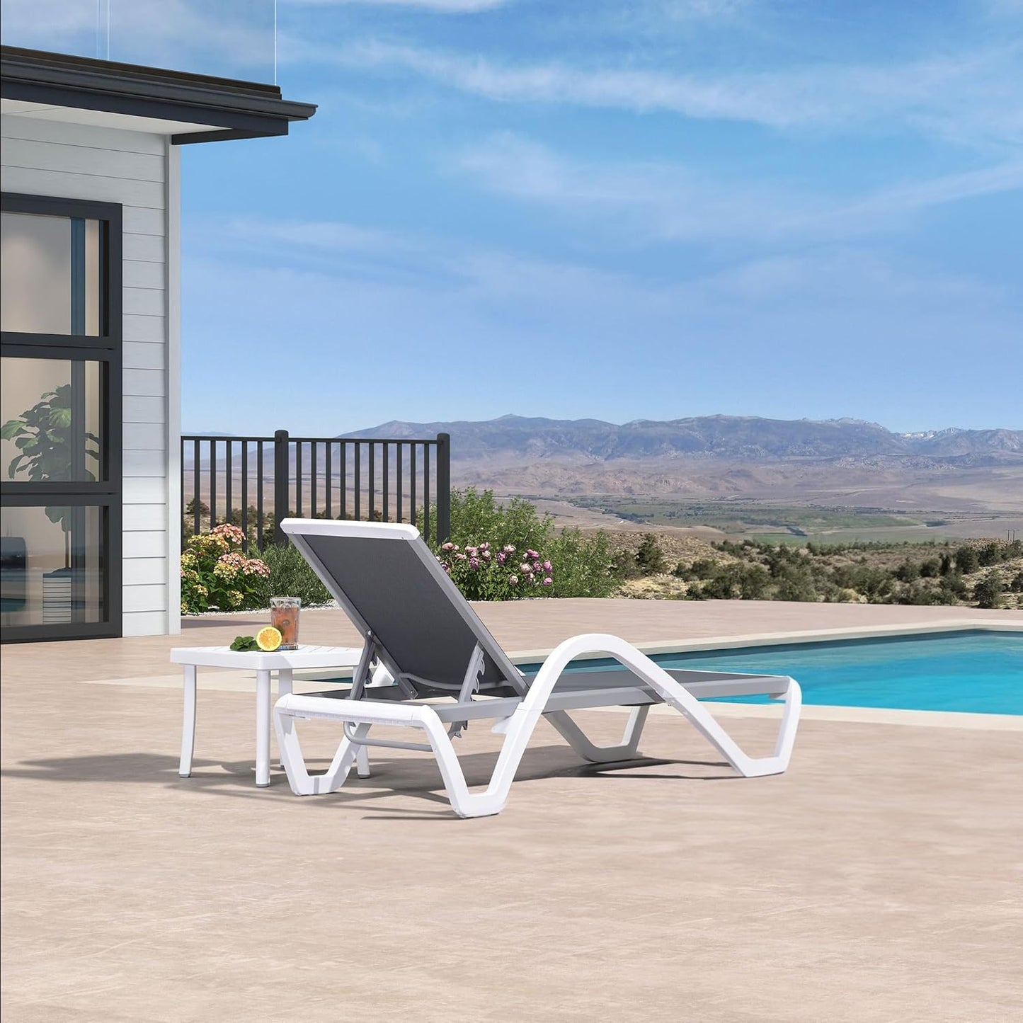 PURPLE LEAF Patio Chaise Lounge Chair Set Outside Aluminum Plastic Stackable Tanning Chairs with Armrests and Side Table for Pool Sunbathing Beach Deck Outdoor Lounger, Light Gray