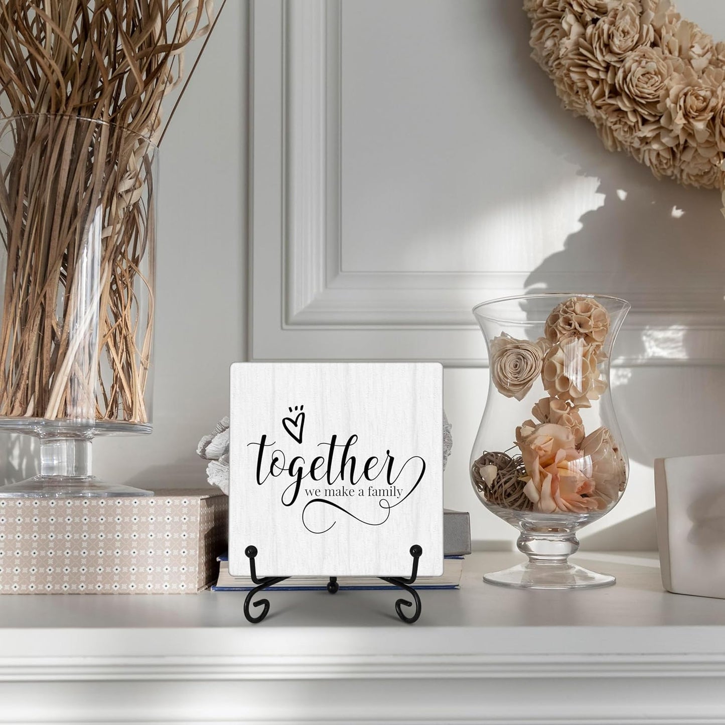 Eronm Desk Sign, Home Office Decor, Together We Make a Family, 5 inches Square Wood, Iron Sign, Perfect for Home, Office, Gifting