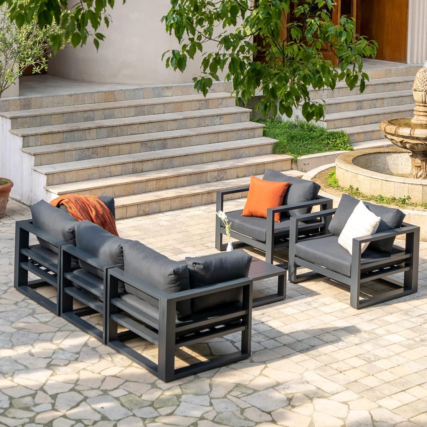 Outdoor Conversation Set 5 Pieces Aluminum Patio Furniture Outdoor Modular Sectional Sofa Set with Armchairs for Garden,Backyard,Dark Grey Cushions
