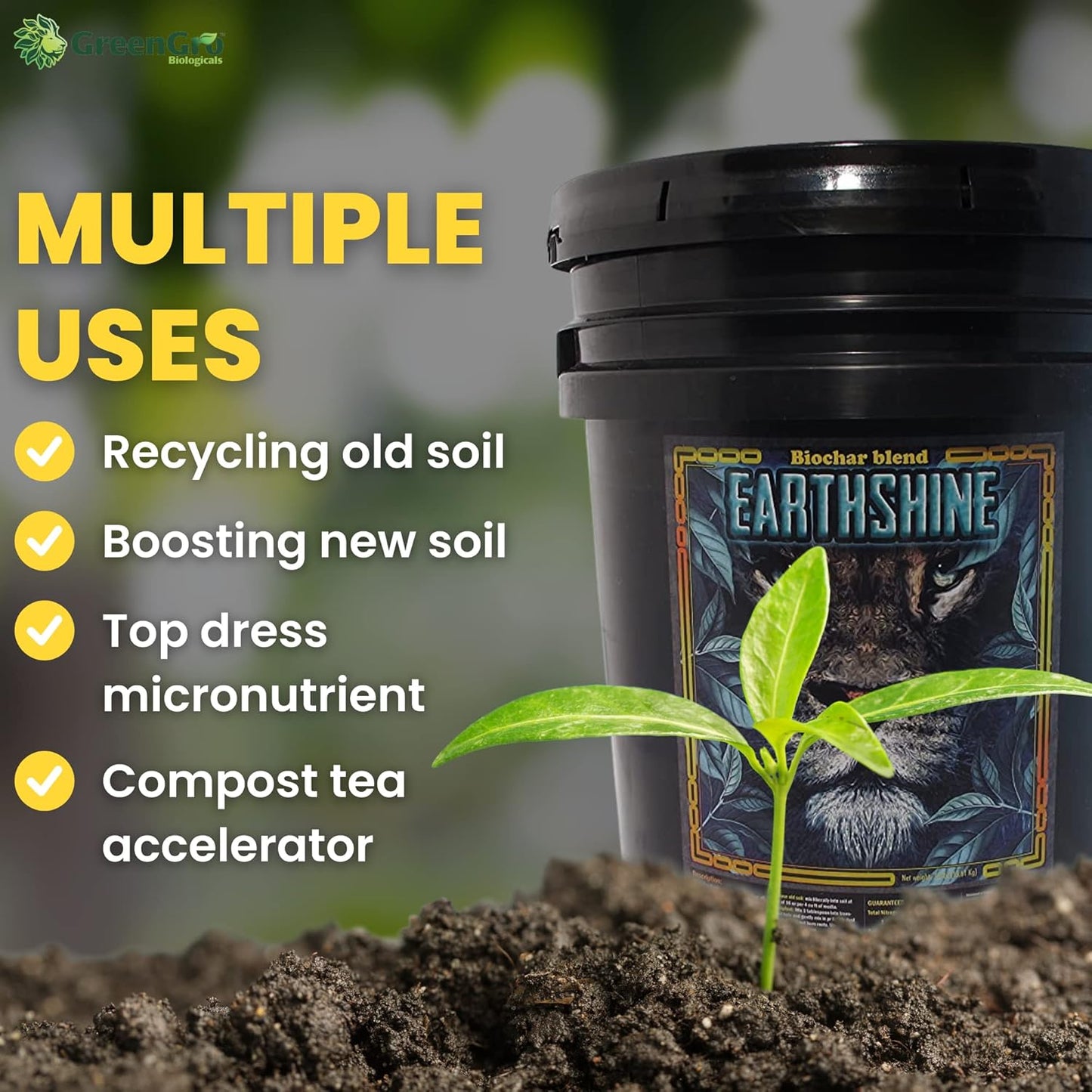 GreenGro Earthshine - Biochar & Humic Acid Blend/Activated Charcoal/Sequesters Carbon/Organic Soil Booster, Top Soil, Plant Food/Compost Tea/Derived from Worm Castings / 30 lb.