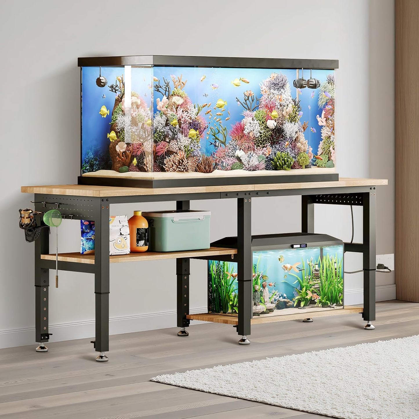 Albott 84" Adjustable 2-Tier Workbench with Solid Wood Top, Max 2000lbs Capacity, Built-in Power Strip with 4 AC Outlets & 2 USB Ports, Pegboard & 20 Hooks, Shop Garage Office