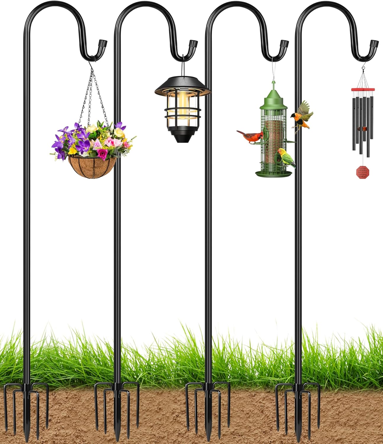 XDW-GIFTS Bird Feeder Pole for Outdoor, 4-Pack 45 Inch Shepherds Hooks Heavy Duty Garden Pole for Hanging Plant Basket, Solar Light Lanterns, Garden Plant Hanger Stands with 5 Base Prongs