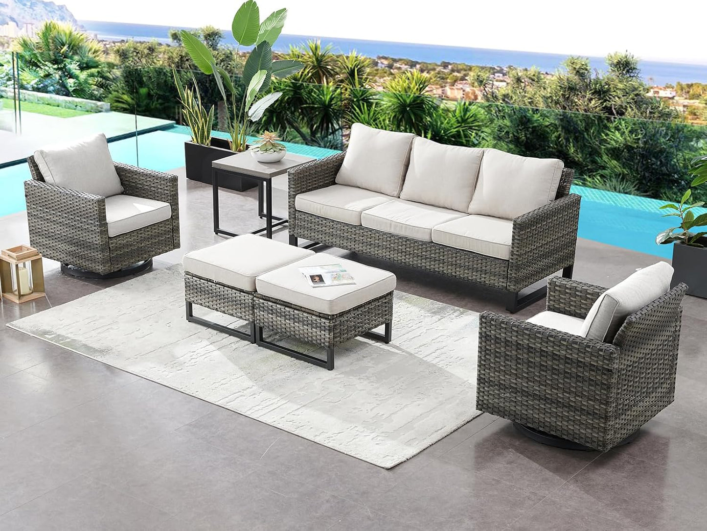 HUMMUH 6 Piece Patio Furniture Set Outdoor Sectional Sofa,PE Wicker Patio Swivel Rocker Chairs with Ottomans Side Table for Porch,Garden,Backyard