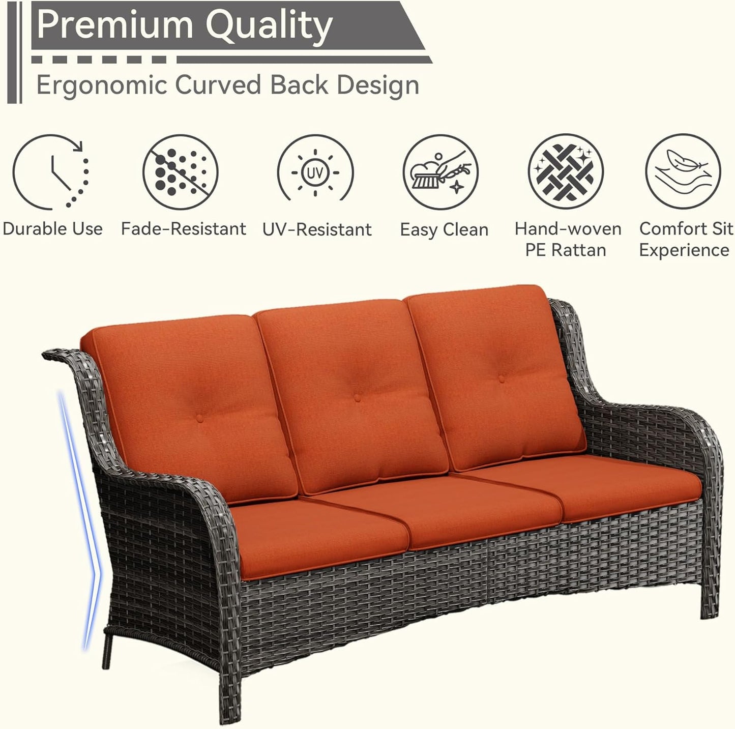 Patio Conversation Set 5-PCS Wicker Outdoor Furniture Conversation Set with 3-Seat Sofa, 2 Armchair, 2 Ottoman Patio Rattan Wicker Sectional Sofa Set with Olefin Cushion, Orange