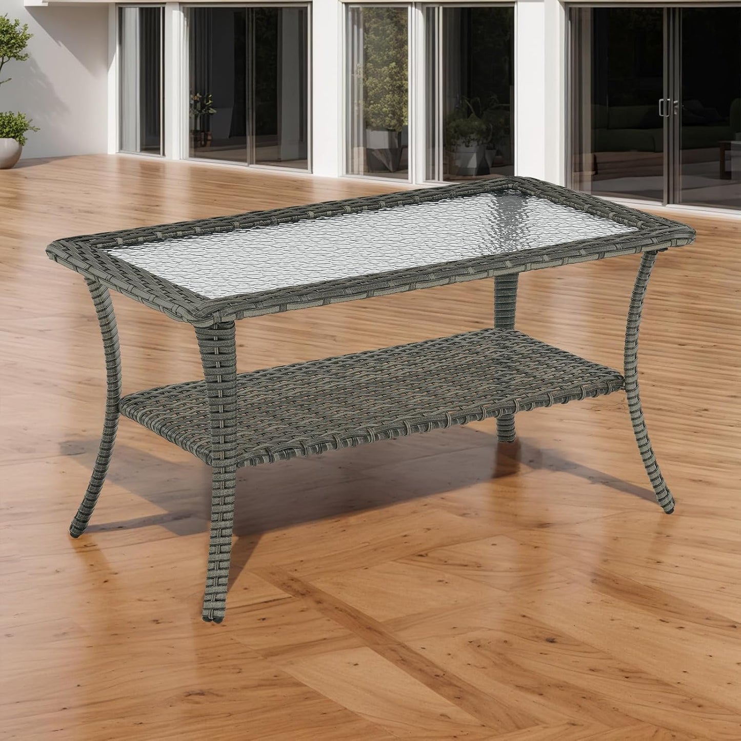 Patio Tables Outdoor Coffee Table - Wicker Rattan Coffee Tables with 2-Tier Storage Shelf Glass Top for Outside Proch Deck Balcony Garden Rectangle Mixed Grey