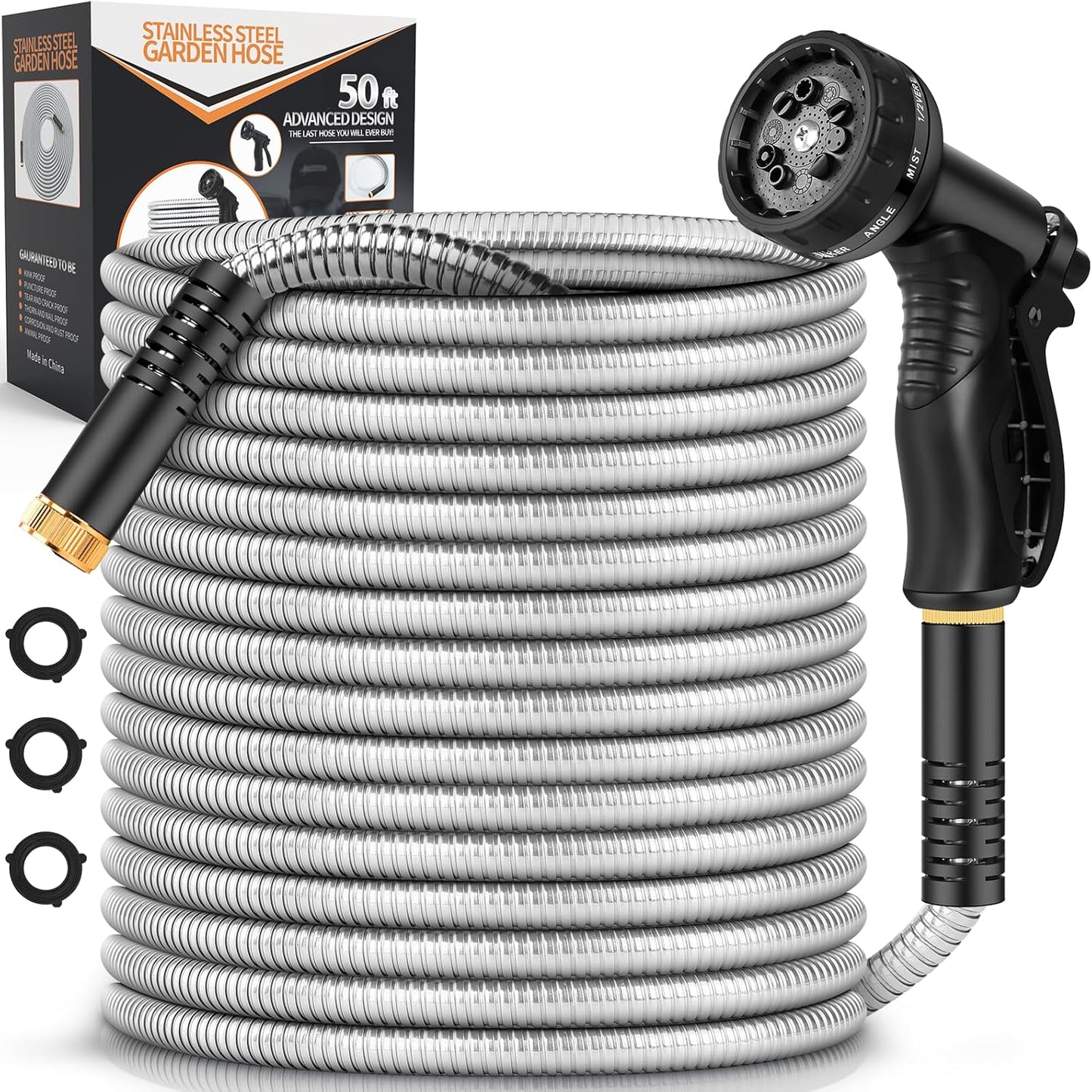 Garden Hose Metal 50FT, Stainless Steel Heavy Duty Water Hose With 10 Function Nozzle, No-Kink, Tough & Flexible, Sturdy and Lightweight, Rust Proof hose for Yard, Outdoor, RV