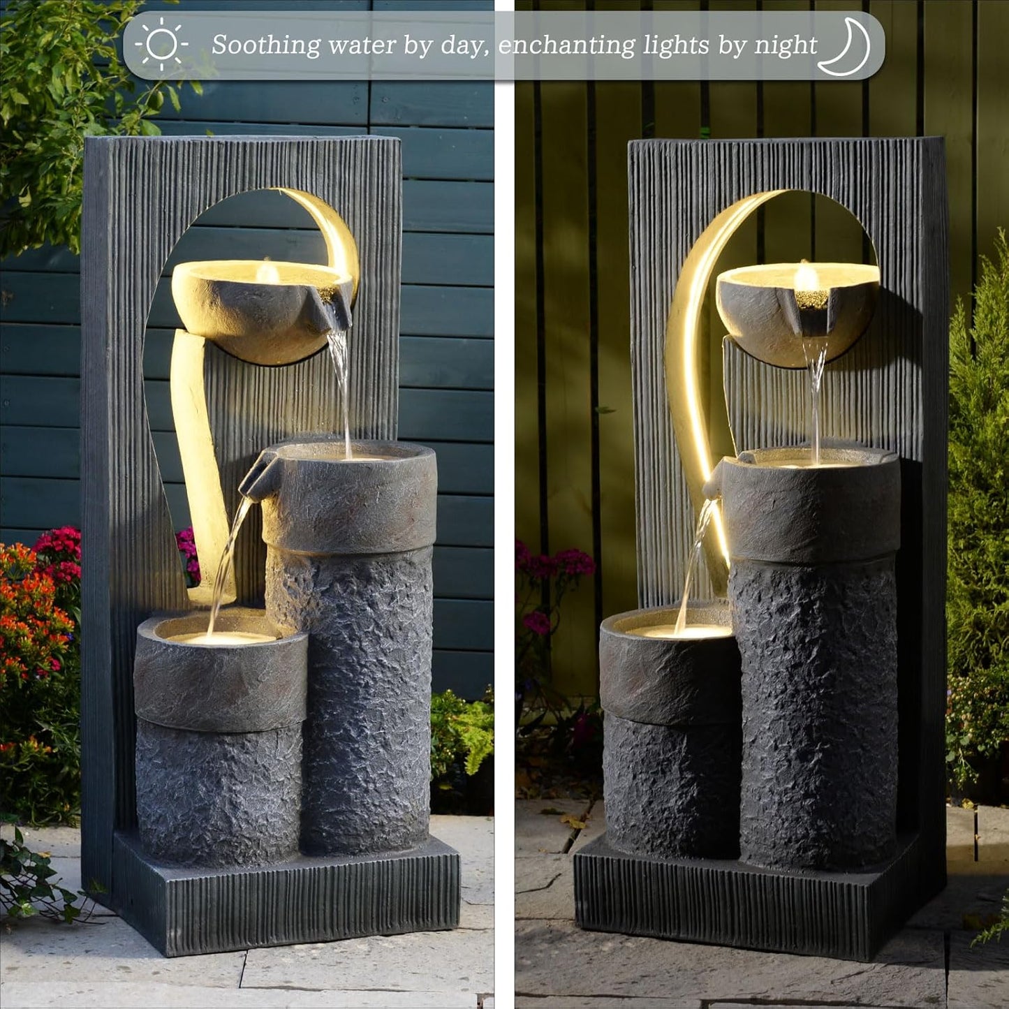 Outdoor Water Fountain for Patio & Garden, 41" Modern Stone-Look Fountain with LED Lights & Cascading Waterfall – UV-Resistant Freestanding Indoor/Outdoor Water Feature