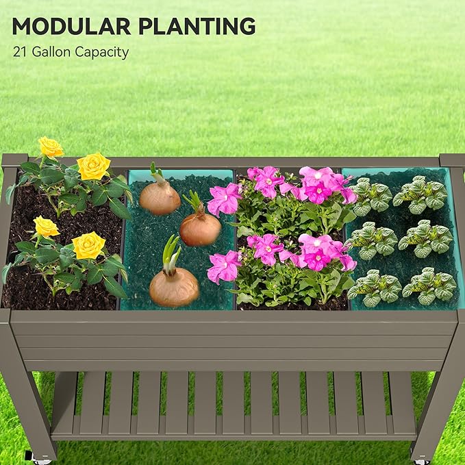 YITAHOME 43.3x17.7x34 in Elevated Garden Bed, Outdoor Plastic Planter Box with Wheels, Legs, Drain Plug, and Storage Shelf for Plants, Vegetables, Flowers, Herbs, Light Brown