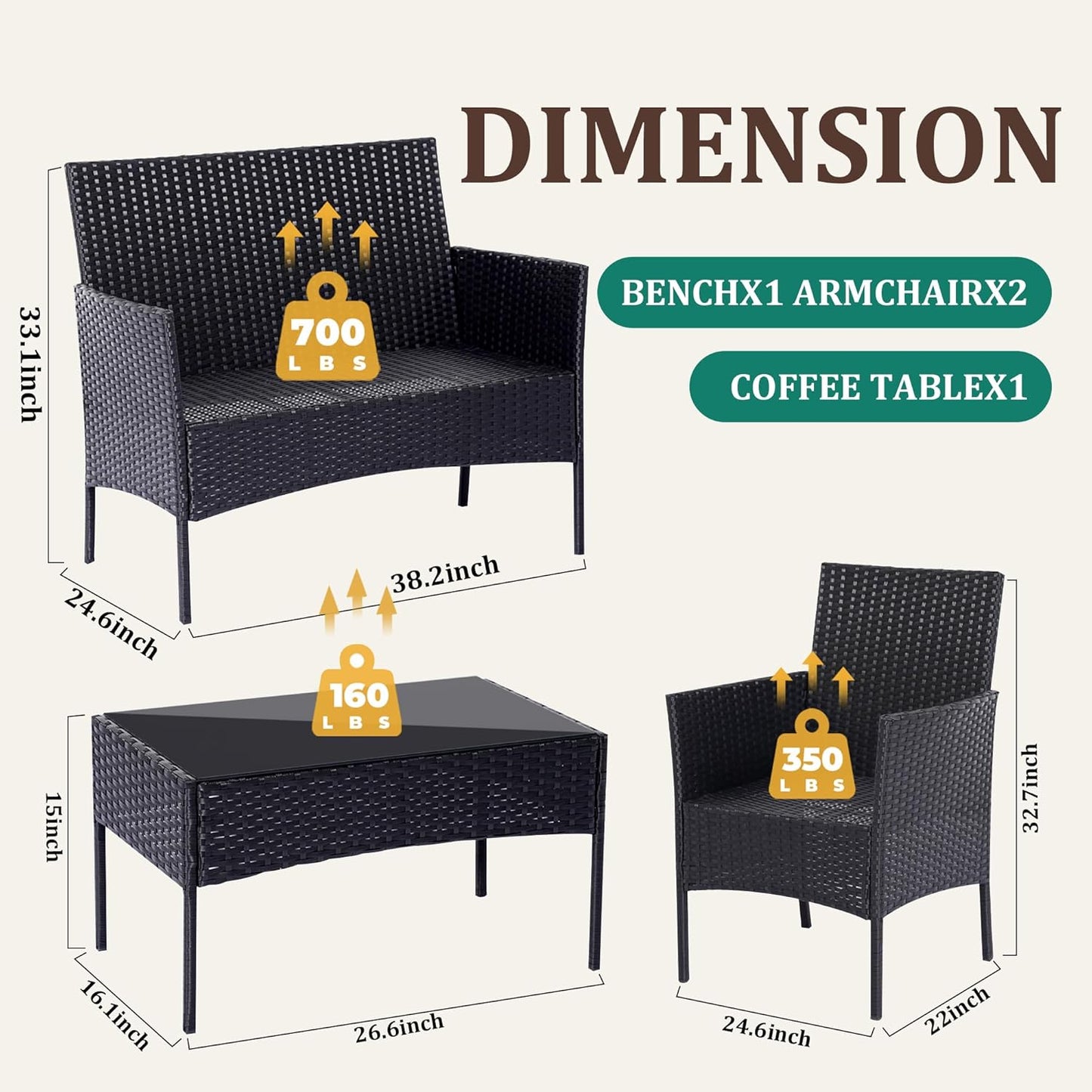 4 Piece Patio Furniture Set - Outdoor Conversation Sets with Coffee Table, Rattan Chair Set for Garden/Poolside, Coffee/Navy Blue