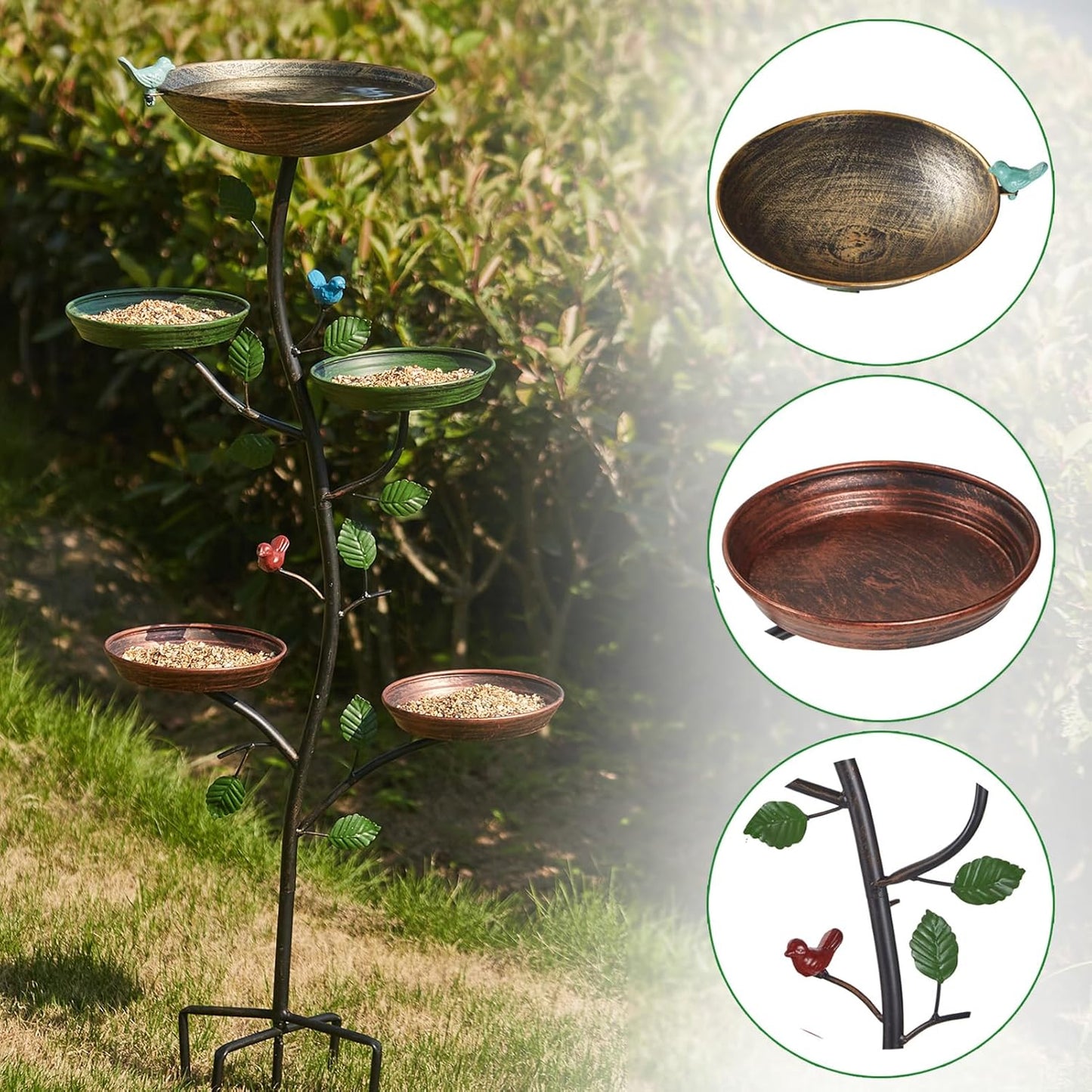 44.5" H Bird Baths for Outdoors with Metal Stakes, Standing Bird Baths with 4 Metal Bird Feeder Trays, for Garden Yard Decor