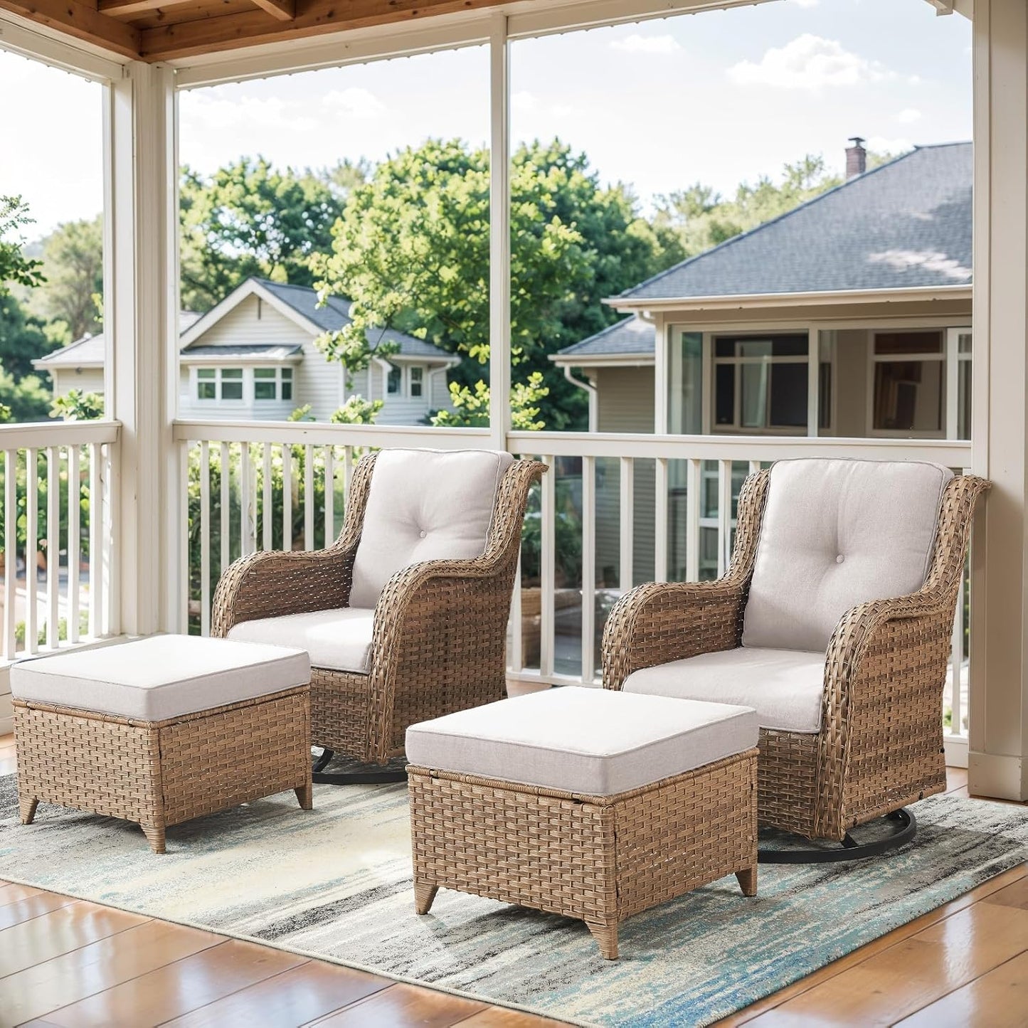 4 Pieces Patio Furniture Sets, Wicker Patio Swivel Glider Chair with Ottomans, Outdoor Furniture Set for Outside Porch, Deck, Balcony, Garden, Yellow