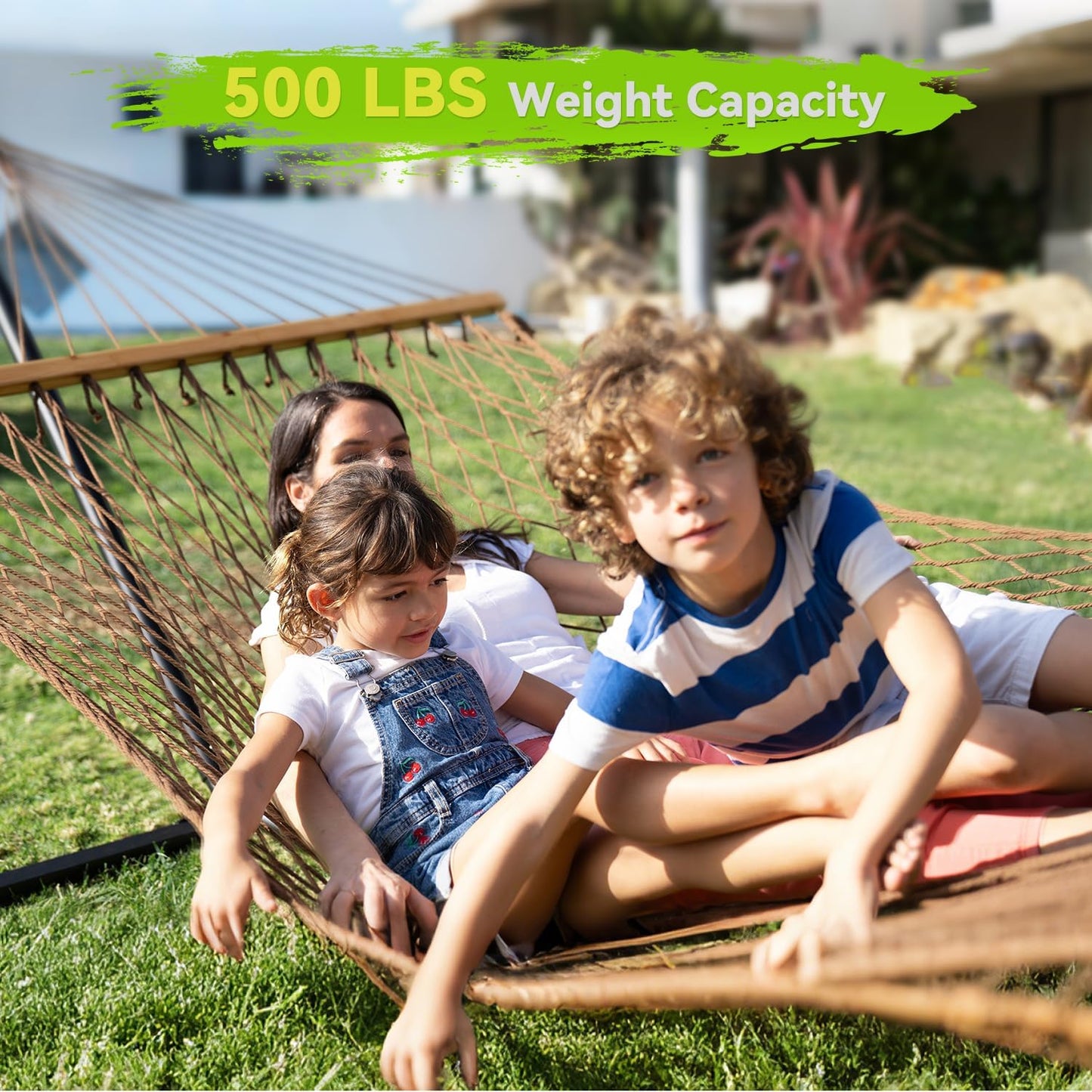 Double Hammock for 2 Person, Handwoven Cotton Rope Hammock with Spreader Bar - Indoor & Outdoor Use for Patio, Poolside, Backyard (Brown)