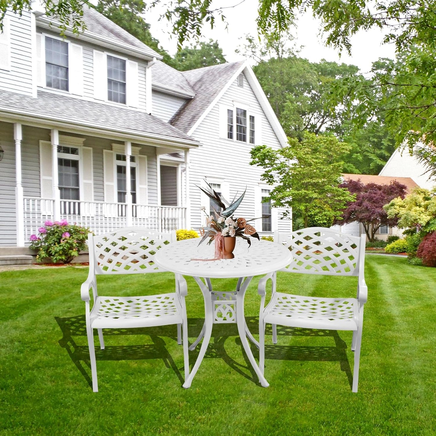 Outdoor Patio Table and Chairs Patio Dining Furniture Set Cast Aluminum Outdoor Table and Bistro Chairs for Garden (White, 3 Piece Round Table Set)