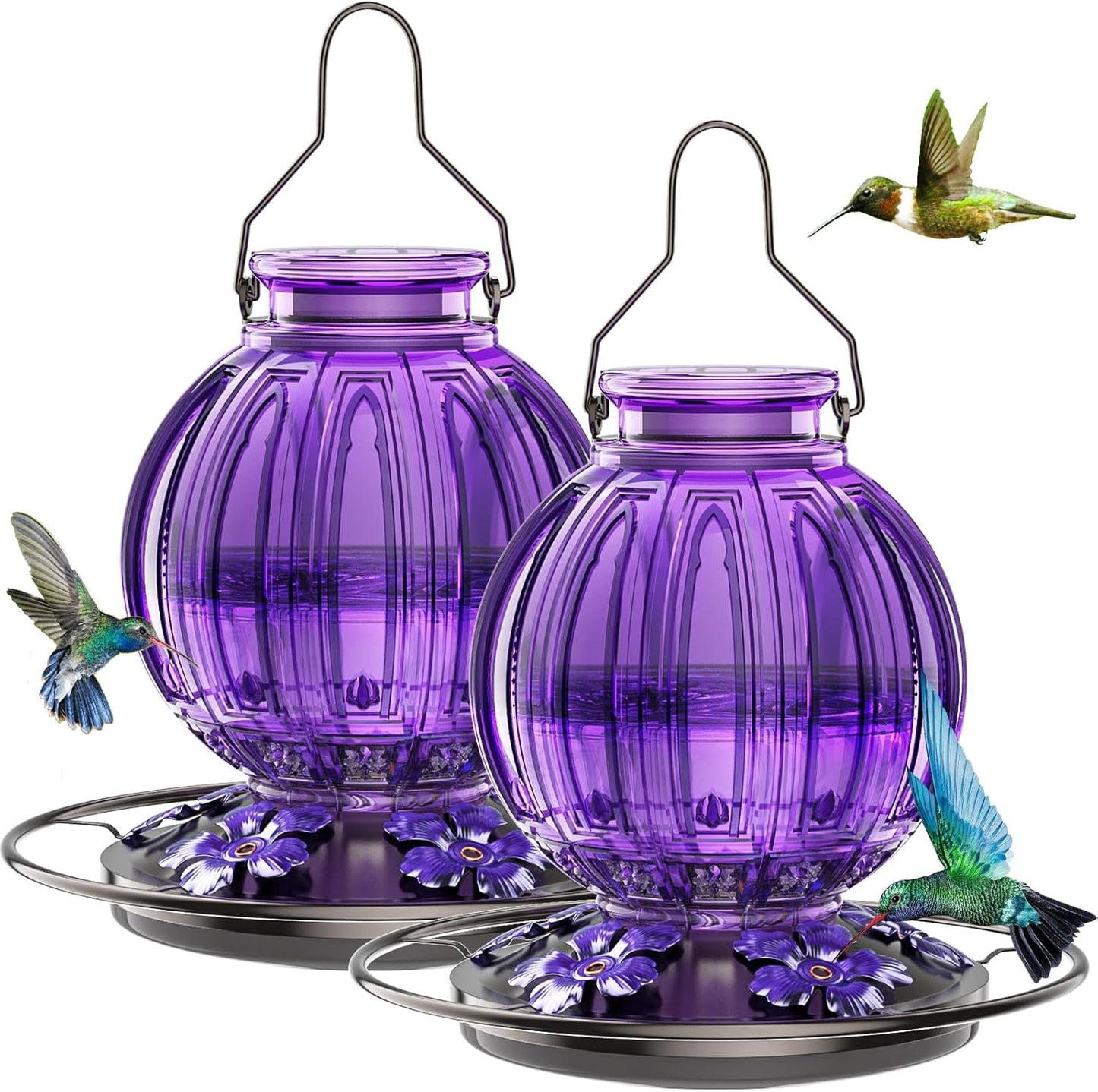 2 Pack Glass Hummingbird Feeder for Outdoors Hanging, Bird Nectar Feeder with Perch & 5 Flower Feeding Ports, 26 Oz Leak Proof for Outside Garden Decor Backyard, Gifts for Women Mom, Purple
